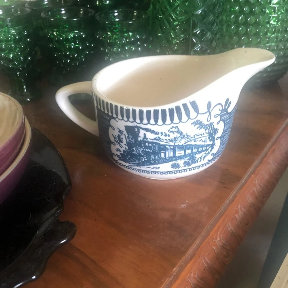 Vintage Blue & White Creamer Pitcher TRAIN Transferware Currier & Ives
